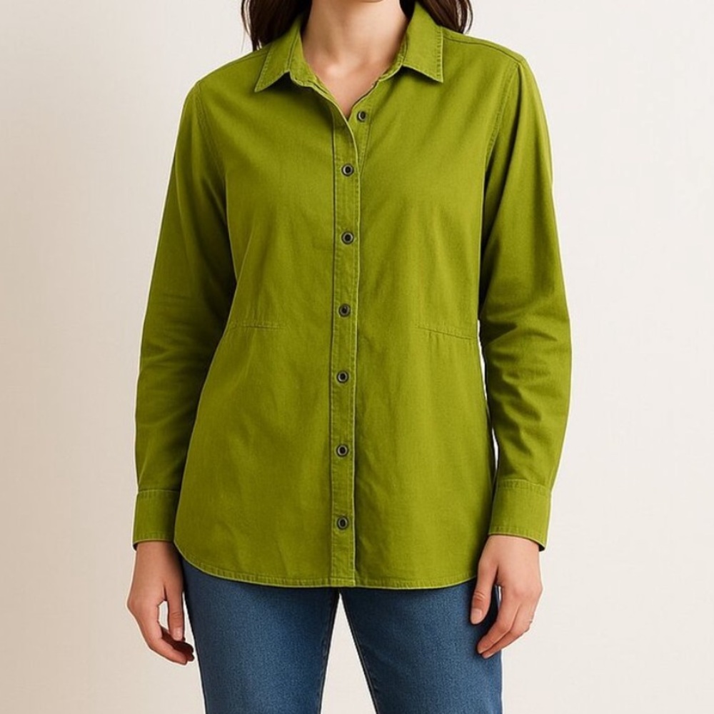 J JILL Corduroy Tunic Top Button Down Shirt Cotton Moss Green